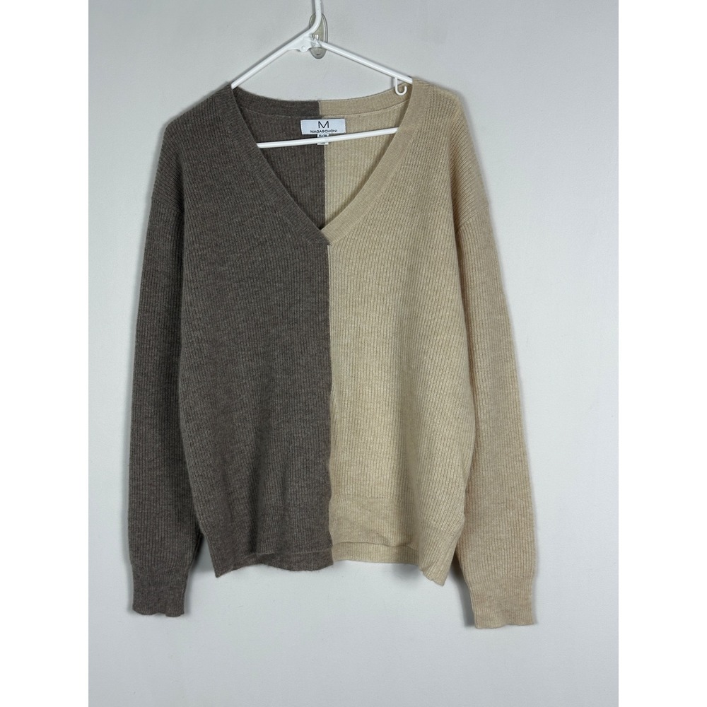 Magaschoni 100% Cashmere V-Neck Colorblock Sweater Knit Womens Sz XL Grey Beige - Picture 9 of 11